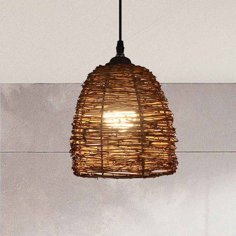 Conic Hanging Lamp Contemporary Style Rattan 1 Head Beige/Brown Suspension Light for Dining Room