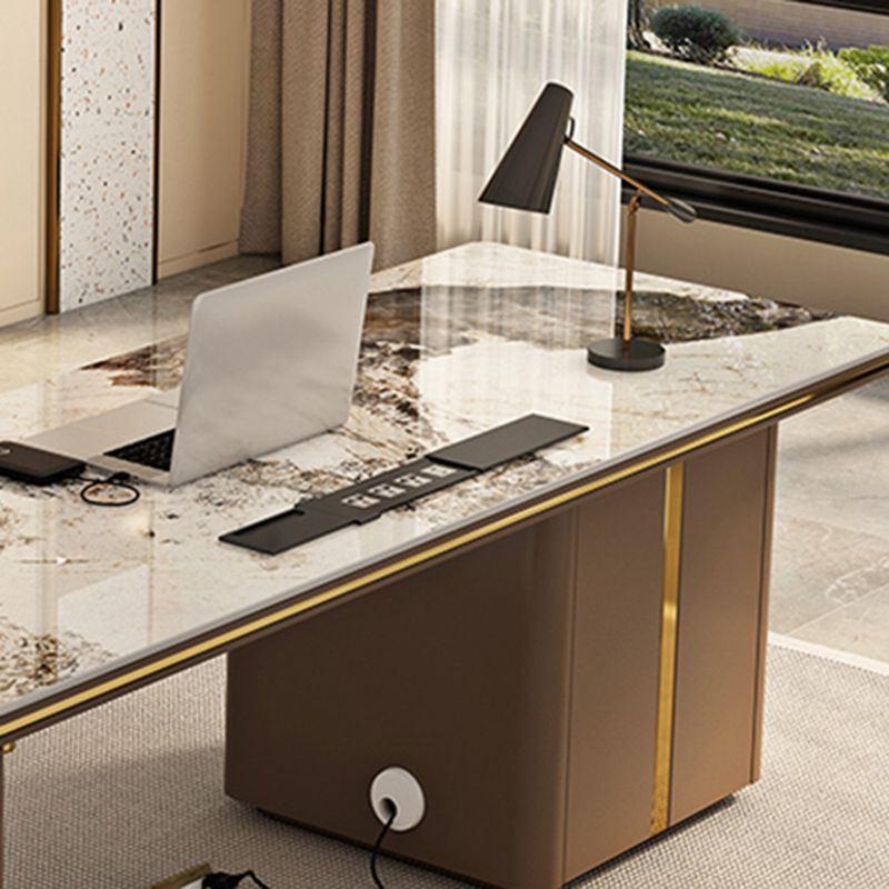 Modern Style Stone Office Desk Rectangular Shape Conference Table with 2-Legs in Brown