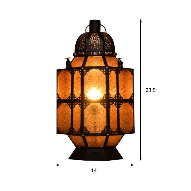 Rust 1-Bulb Task Lighting Art Deco Amber Textured Glass Lantern Nightstand Lamp for Bar