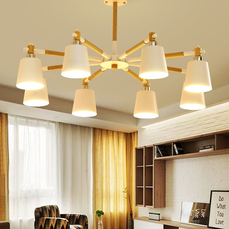 Radial Wooden Chandelier Nordic Style Pendant Light Fixture with Tapered Metal Shade