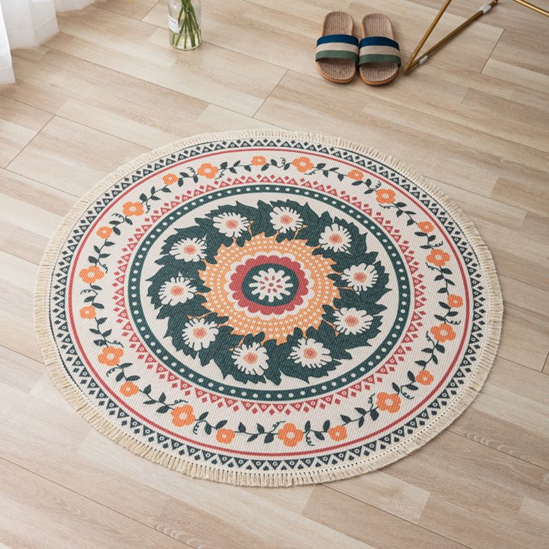 Gorgeous Floral Print Rug Moroccan Round Cotton Blend Area Rug Friendly Washable Carpet with Fringe for Living Room