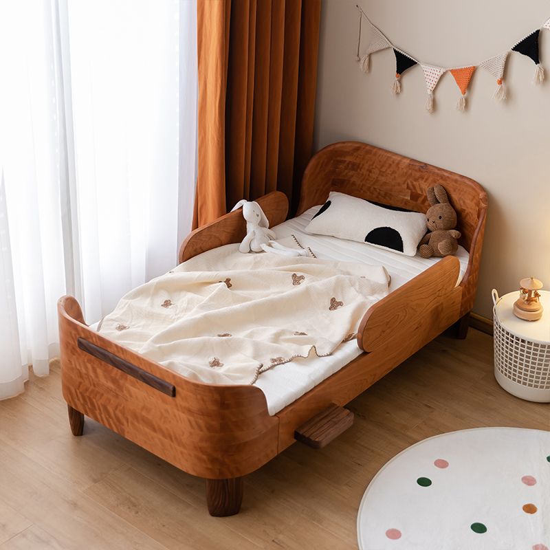 Scandinavian Bed with  Brown Solid Wood Panel Bed with Guardrail