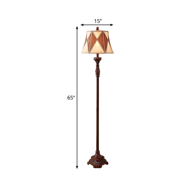 Red Brown 1 Bulb Floor Light Antiqued Style Fabric Flared Shade Floor Standing Lamp with Harlequin Design