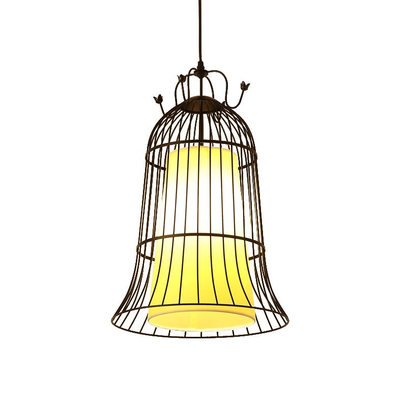 Bel wit glas hangend licht vintage 1 lichte eetkamer hanglamp met zwarte draadkooi, 10 "/14" breed