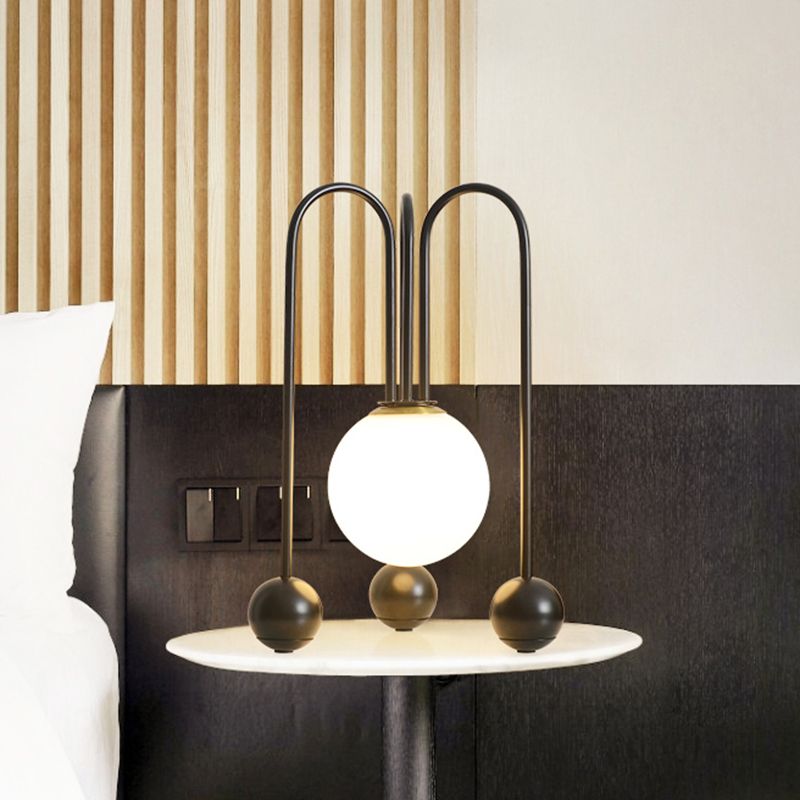 Metal U-Shaped Table Lamp Contemporary 1 Bulb Black/Gold Night Light in Warm/White Light with Ball Opal Glass Shade