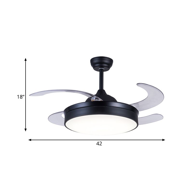 Cercle acrylique Pendant ventilateur Light contemporain LED 42 "W CHAMBRE 4 Pares transparentes Éclairage de montage à chasse d'eau en noir, télécommande / mur / télécommande et mural