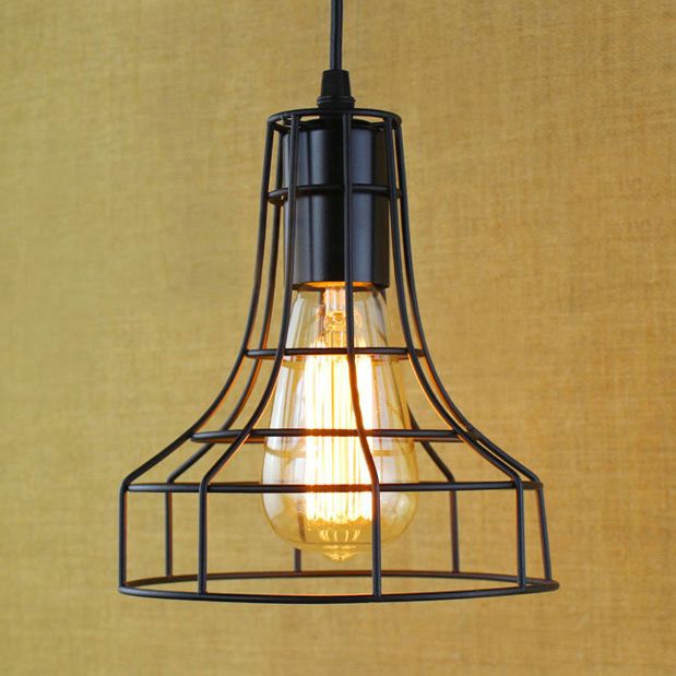 1 Head Pendant Lamp Antique Style Open Cage Metal Hanging Light Fixture in Black for Hallway