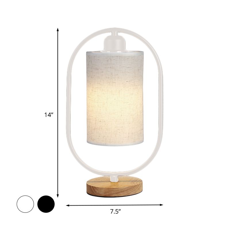 Column Plug In Nightstand Lighting Modern Fabric 1-Light Bedside Table Light with Black/White Ellipse Frame and Wood Base