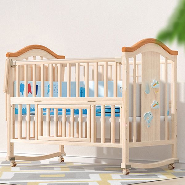 Light Wood Pine Nursery Crib Modern Nursery Crib with Casters/Wheels