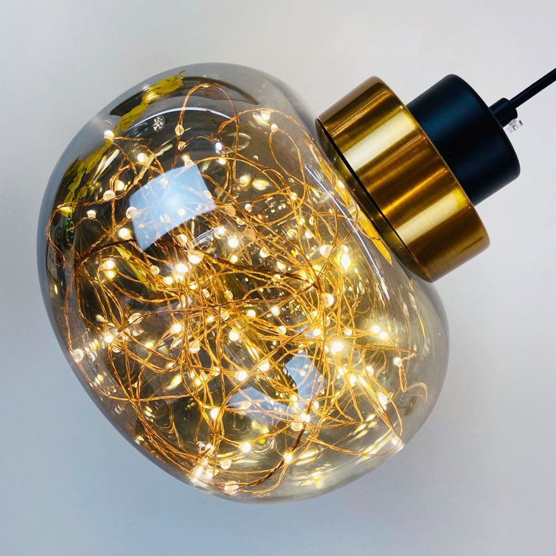 Glass Jar Pendant Light Fixture Modern Brass Finish Ceiling Hang Lamp with LED String