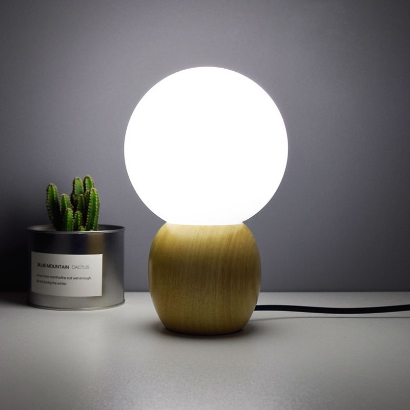 Orb Bedside Table Lamp Frosted Glass 1 Head Minimalist Night Lighting with Wood Base