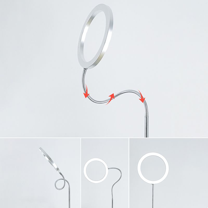 Silver Ring Shade Floor Light Simple Style Metal LED Flexible Stand Up Lamp For Bedroom