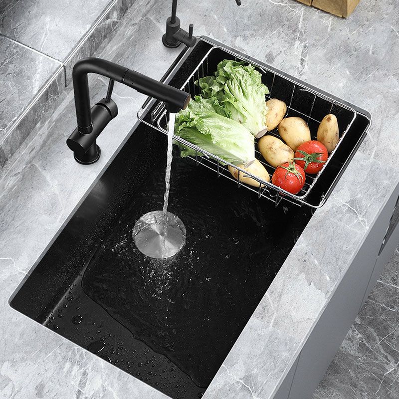 Contemporary Black Sink Single Bowl Overflow Hole Kitchen Sink with Faucet