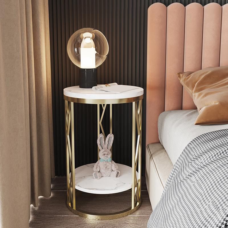 Classic Glam Accent Table Nightstand Stone Bedside Cabinet for Bedroom