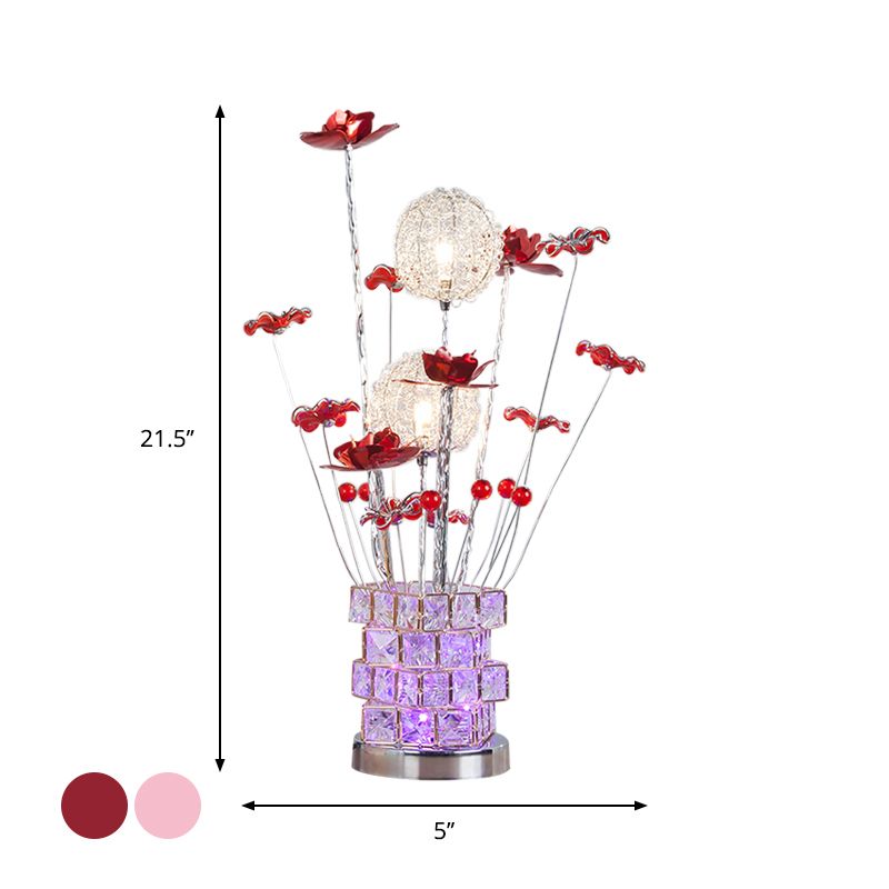 Aluminum Rubik's Cube Desk Lamp Art Decor Drawing Room Crystal Embedded LED Night Table Light with Pink/Red Blossom Decor