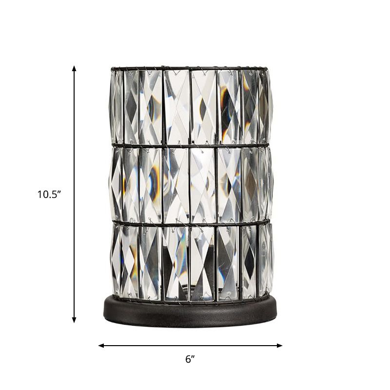 Black Cylinder Night Lamp Contemporary Clear Crystal 1 Light Living Room Nightstand Light