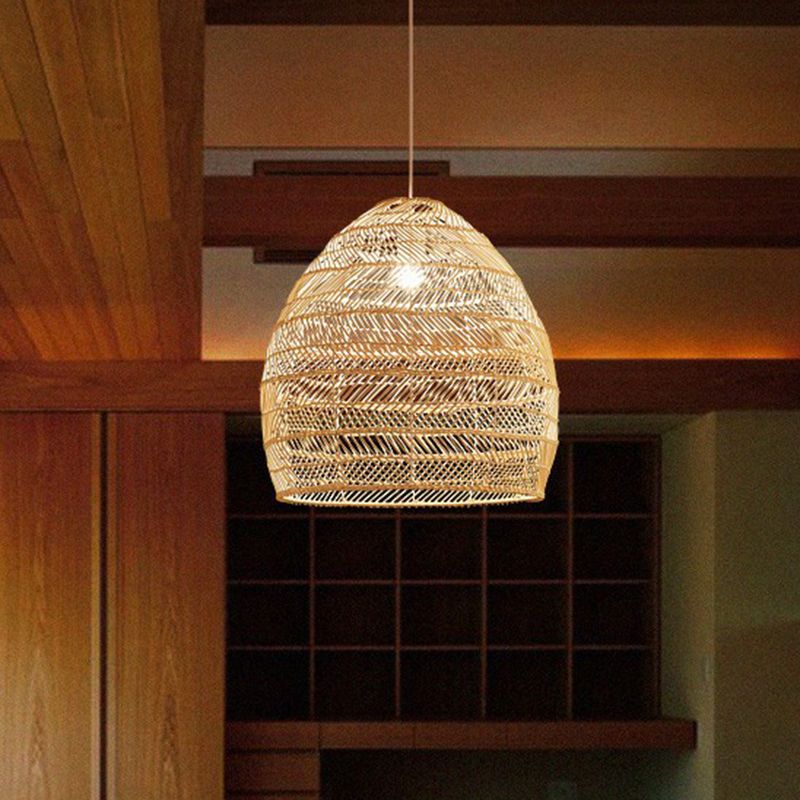 Single-Bulb Restaurant Hanging Lamp Minimalist Ceiling Light with Cloche Rattan Shade