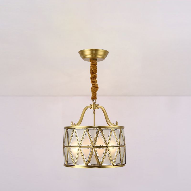 Drum Frosted Glass Chandelier Pendant Lamp Traditional 4/6 Lights 16"/19" Wide Dining Room Hanging Ceiling Light in Gold