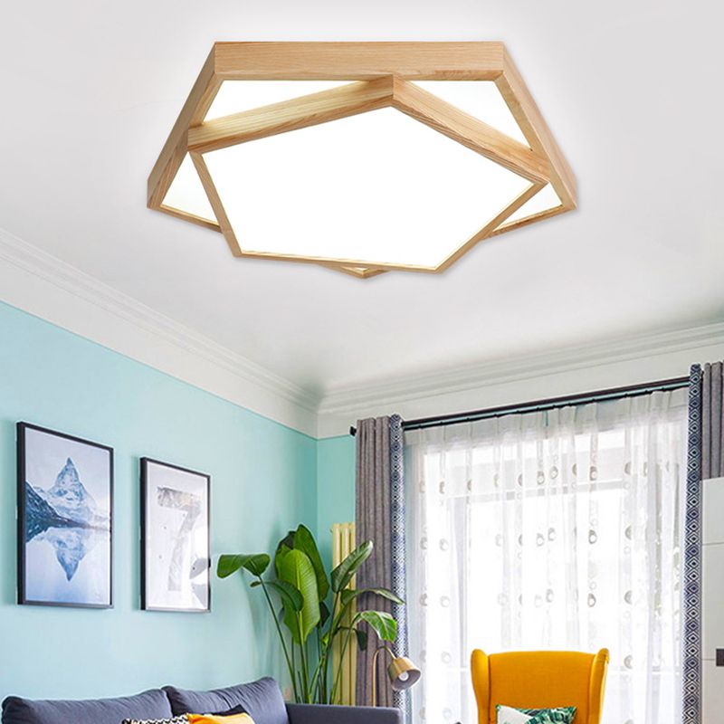 Simple Pentagon Flush Mount Light 2-Light Wood LED Ceiling Light for Bedroom