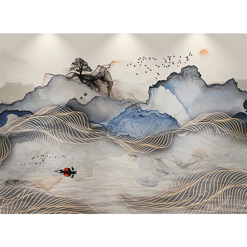 Minimalist Wall Mural Grey and Blue Mountain and Sun Wall Covering for Gallery, Non-Woven Material