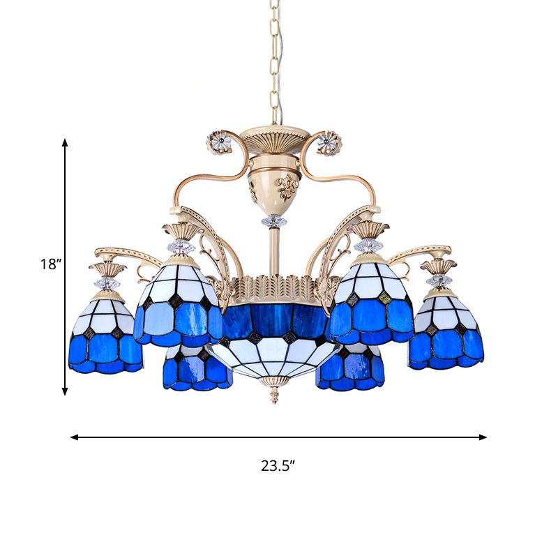 9-Light Chandelier Lighting Tiffany Grid Patterned Stained Glass Ceiling Lamp in Blue