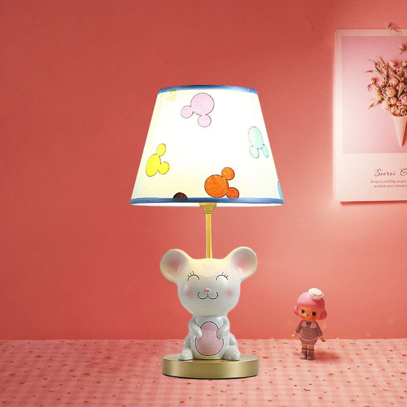 Kids Smiling Mouse Night Lamp Resin 1 Bulb Child Room Table Light with Fabric Shade in Pink/Blue