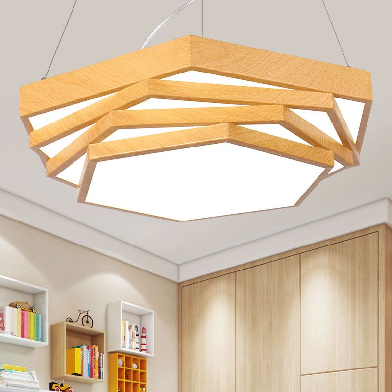 Spiral Hexagon Office Chandelier Acrylic Modern LED Suspension Lighting in Light Wood