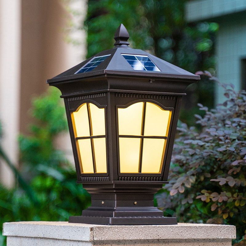 Square Shape Metal Pillar Lamp Modern Style 1 Light Solar Outdoor Light