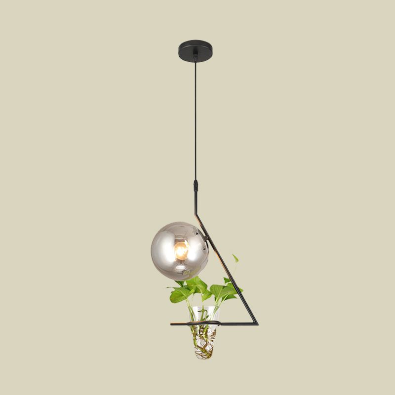 Sphere Bedroom Suspension Light Industrial Smoke Gray Glass 1 Light Black/Grey/Gold Ceiling Lamp with Plant Cup