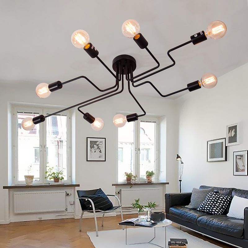 Black Sputnik Semi Flush Mount in Industrial Vintage Style Affermazione Luce con gambo metallico per camera da letto