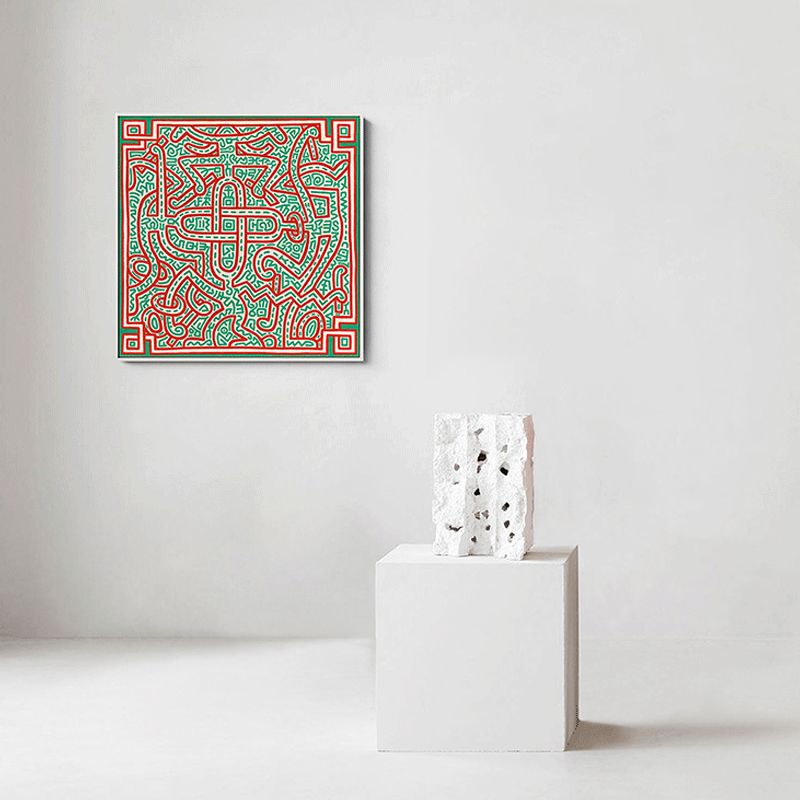 Novelty Maze Linework Wall Art Boys Bedroom Abstract Canvas Print in Green and Orange