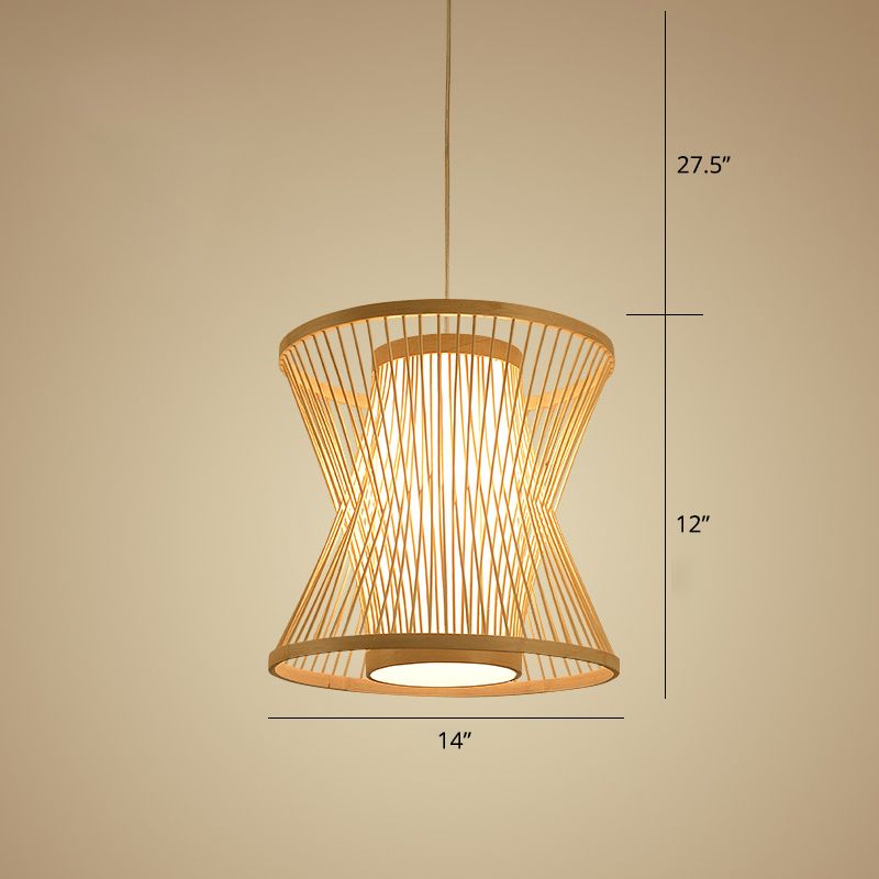 Accensione a ciondolo a ciondolo a gabbia simmetrica Nordic Bamboo 1 Bulbo Beige Pendulum Light for Restaurant