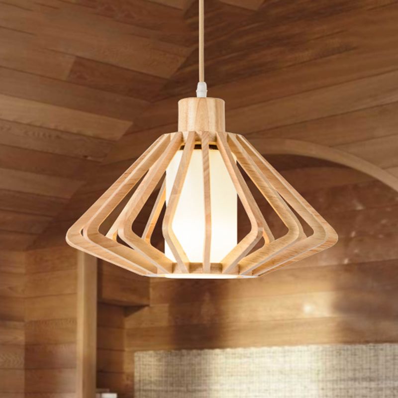 Diamond Cage Commercial Pendant Lighting Asian Wood 1 tête 14 "/ 18" LAPIR BEIGE DE LA LAGE AVEC AVEC DE PIELLE INTER