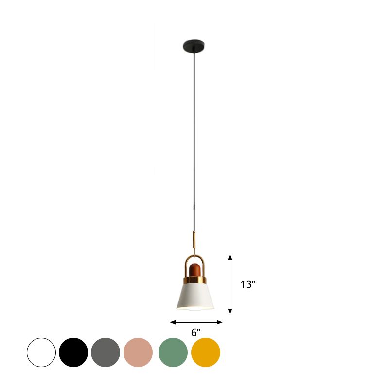 Tapered Shade Bedside Hanging Lamp Metal Single Macaron Pendant Light in Grey/White/Pink with Handle and Wood Cork