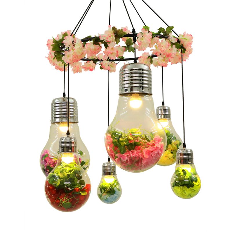 Black 6 Heads Cluster Pendant Industrial Clear Glass Bulb Shape LED Flower Suspension Light for Restaurant