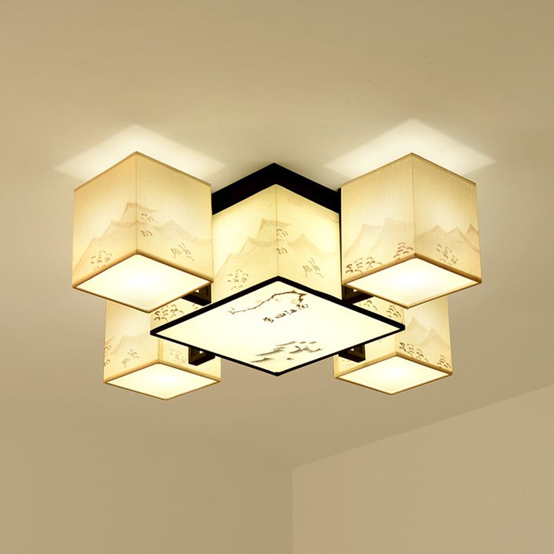 Beige Rectangular LED Semi Flush Mount in Traditional Concise Style Wrought Iron Ceiling Light with Fabric Shade