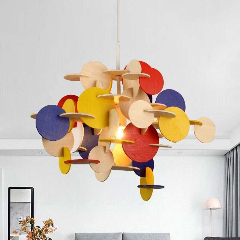 Puzzle Wooden Ceiling Pendant Nordic 1-Light Kid's Bedroom Hanging Lamp in Multicolor/Natural Color