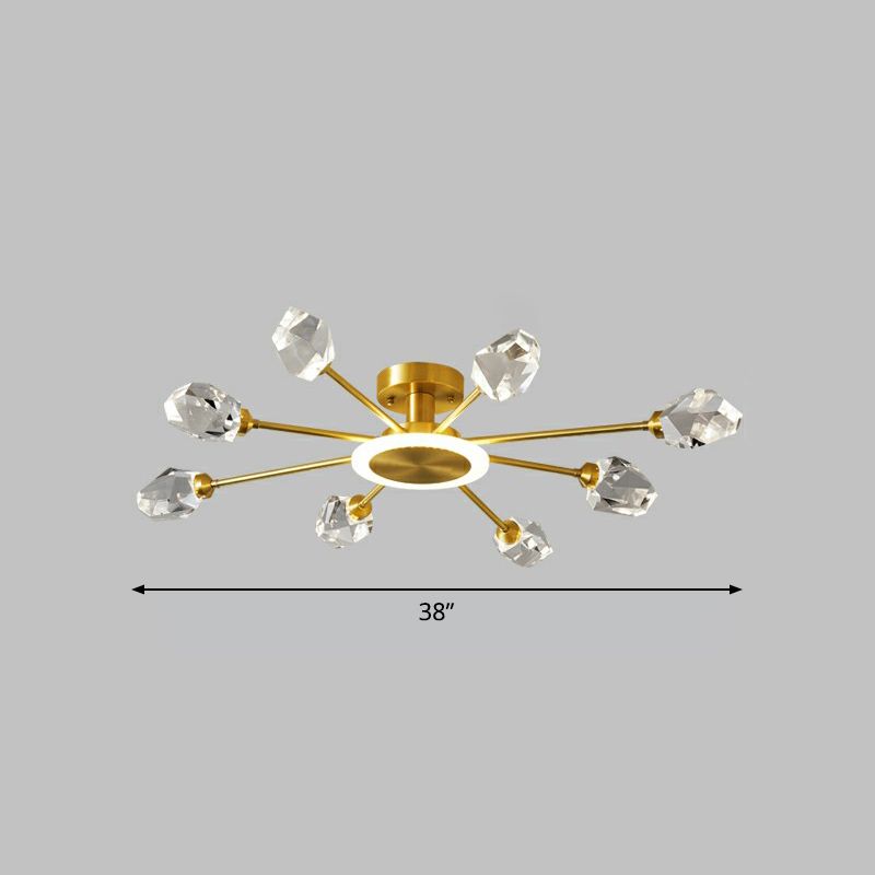 Gold Radial Semi Mount Lighting Postmodern Crystal Block LED Ceiling Light for Bedroom