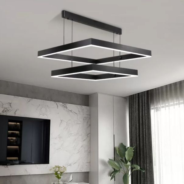 Metal 2-Tier Pendant Lighting Fixture Minimalist Style LED Hanging Chandelier in Black