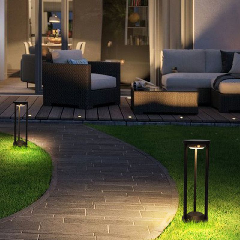 Simple Solar LED Path Lamp Black Cylindrical Ground Light with Metal Frame for Patio