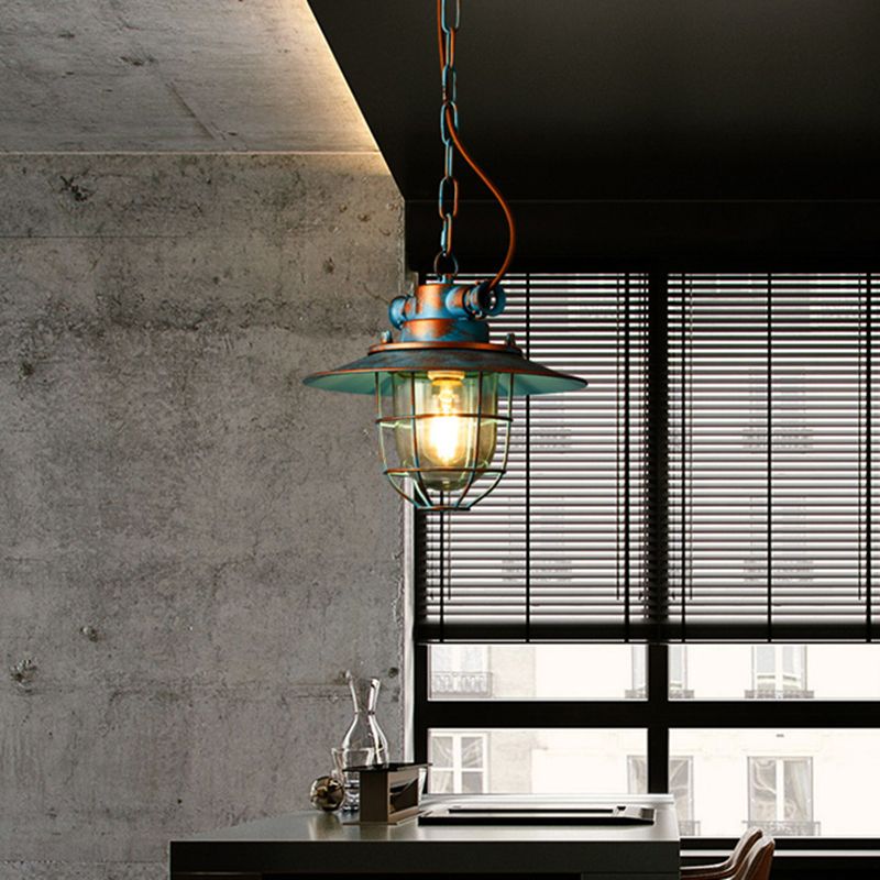 Industrial Iron Cage Hanging Light Copper Patina 1 Light Suspension Light with Adjustable Chain