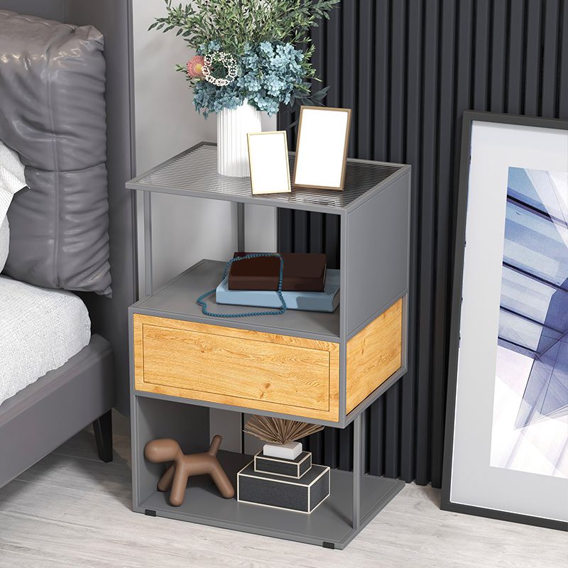 Modern Glass Top Night Table Open Storage 24 Inch Tall 1-Drawer Shelf Included Nightstand