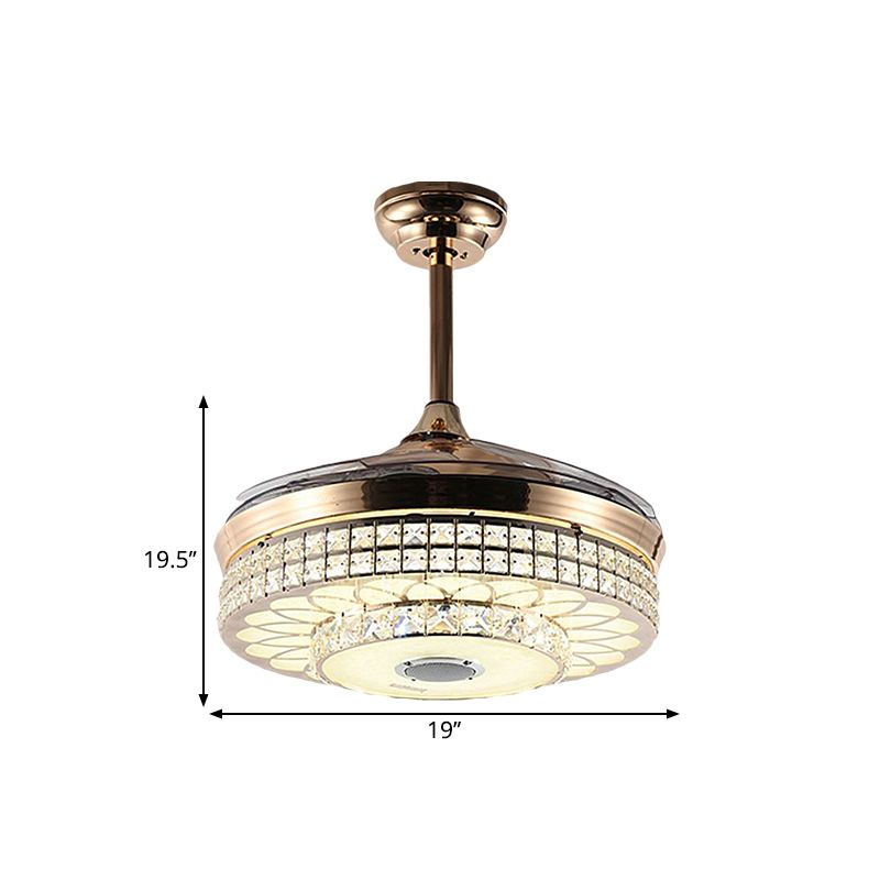 LED Parlor Hangende ventilator Licht Modern Gold 4 Blades Semi Flush Light met ronde gefacetteerde kristalschaduw, 19 "W