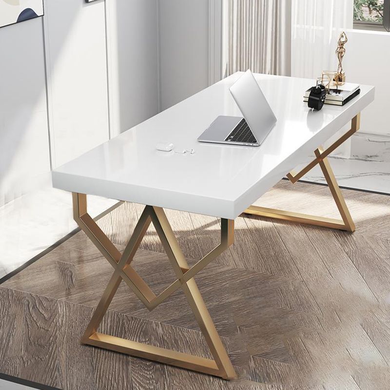 Trestle Glam Office Desk Rectangular White and Gold Writing Desk for Bedroom