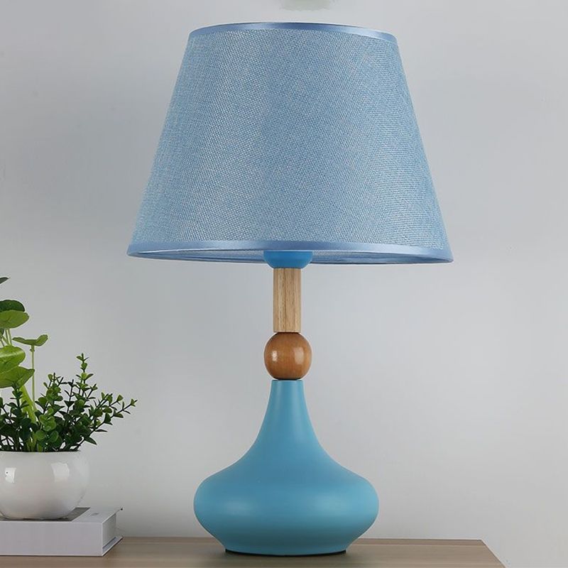 Barrel Task Lighting Macaron Fabric 1 Head Grey/Pink/Blue Night Table Light with Metallic Vase Base