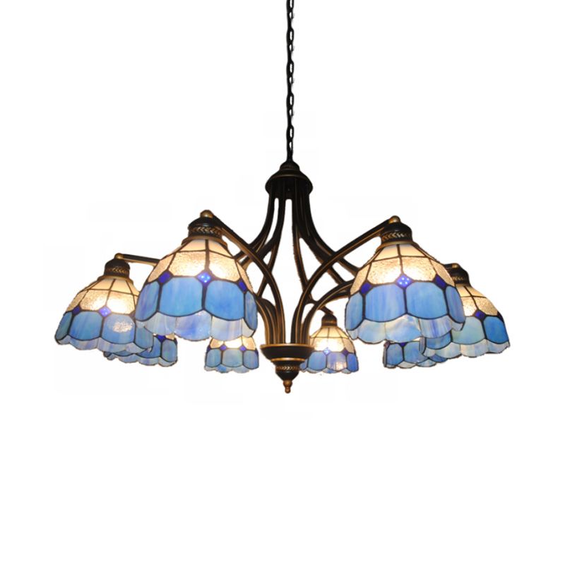 Blue Glass Semi Globe Chandelier with Metal Chain 6/8 Lights Tiffany Pendant Lighting for Bedroom