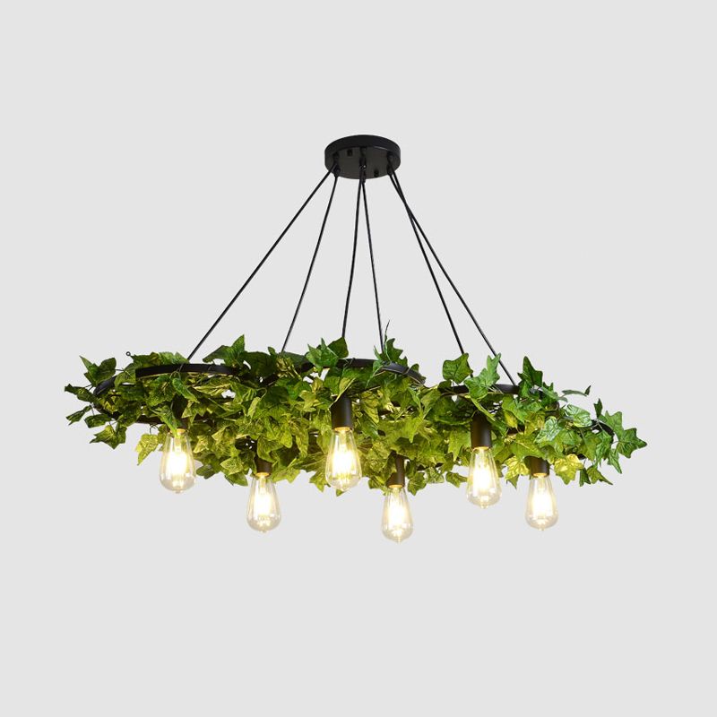 Green Chandelier Light Antique Iron Wagon Wheel Ceiling Lighting with Plant Decor for Restaurant