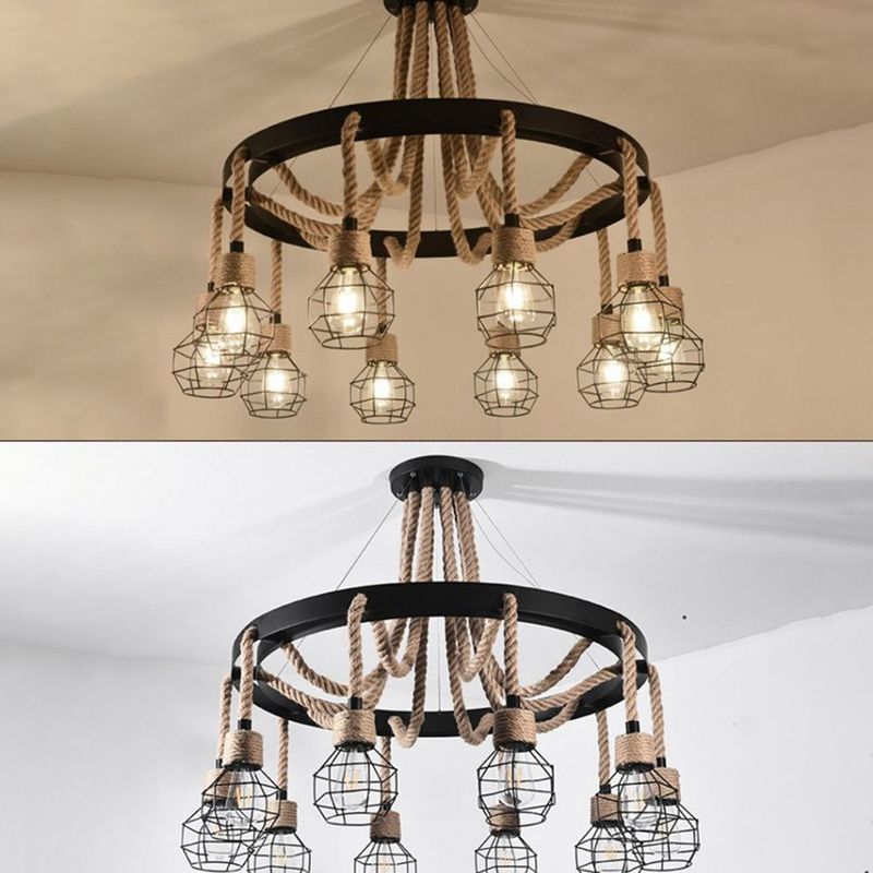 Cage Chandelier Light Fixture Industrial Rope Pendant Lighting for Restaurant