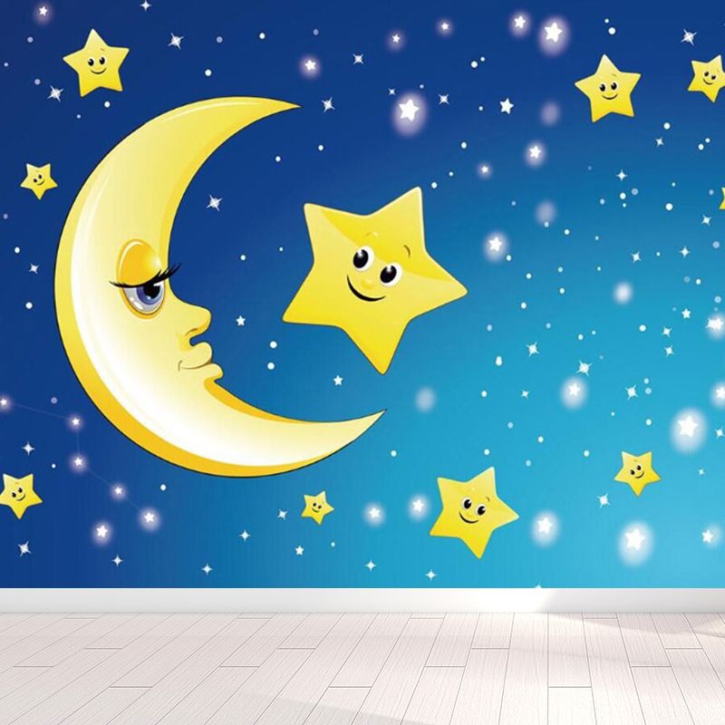 Moon and Stars Mural Decal Kid's Style Non-Woven Textured Wall Covering in Soft Color