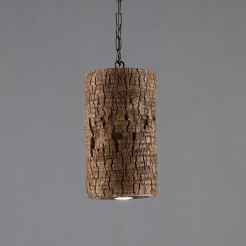 1 Light Cylinder Hanging Light Kit Industrial Brown Resin Pendant Ceiling Lamp with Timber Pile Design